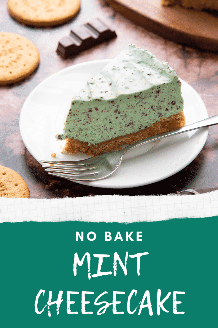 A slice of no bake mint cheesecake with a biscuit base on a white plate with a fork. Caption reads: no bake mint cheesecake