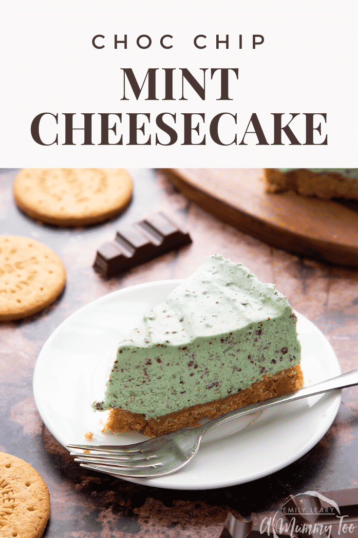 A slice of no bake mint cheesecake with a biscuit base on a white plate. with a fork. Caption reads: Choc chip mint cheesecake