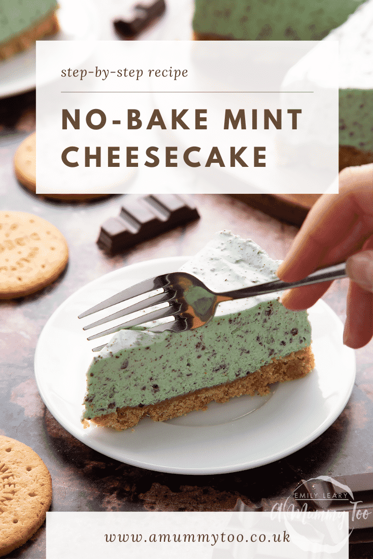 A slice of no bake mint cheesecake with a biscuit base on a white plate with a hand holding a fork. Caption reads: step-by-step recipe no-bake mint cheesecake