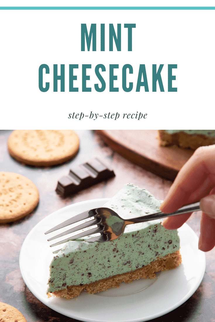 A slice of no bake mint cheesecake with a biscuit base on a white plate with a hand holding a fork. Caption reads: mint cheesecake step-by-step recipe