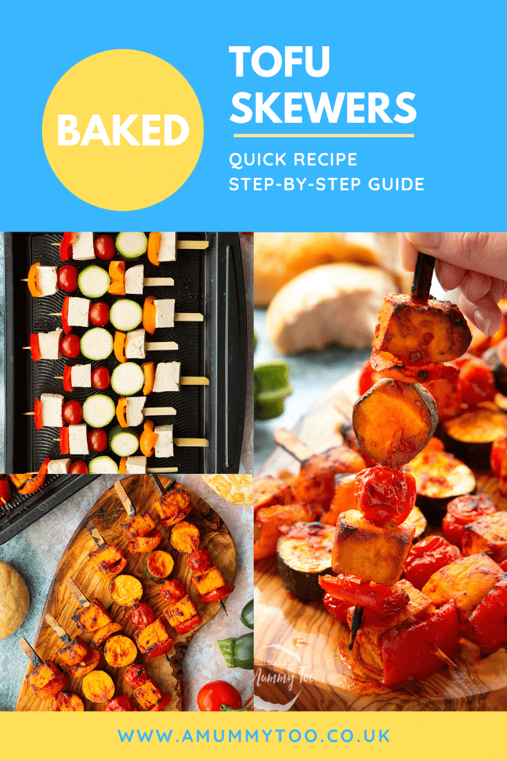 Collage of tofu skewers arranged on a tray or board. Caption reads: Baked tofu skewers. Quick recipe. Step-by-step guide.