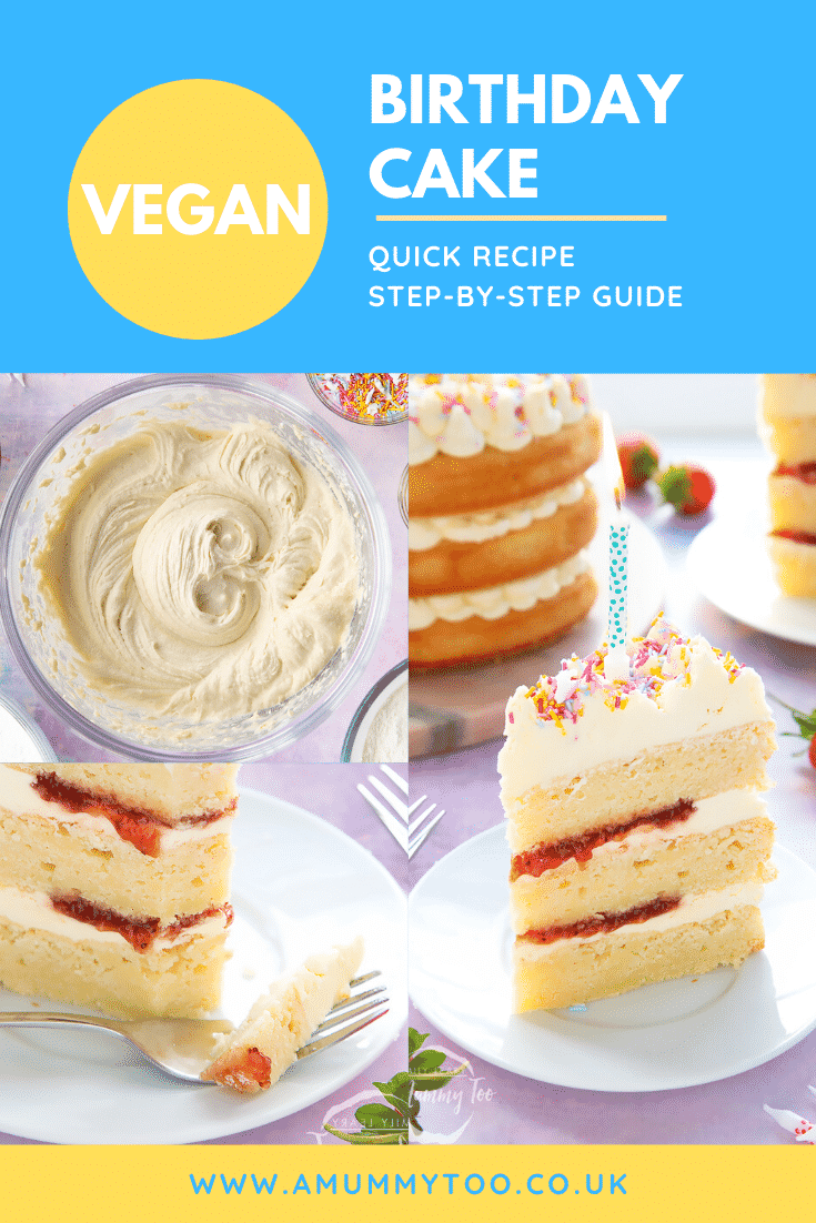 Collage of vegan birthday batter and vegan birthday cake slices on a small white plate. Caption reads: Vegan birthday cake. Quick recipe. Step-by-step guide.