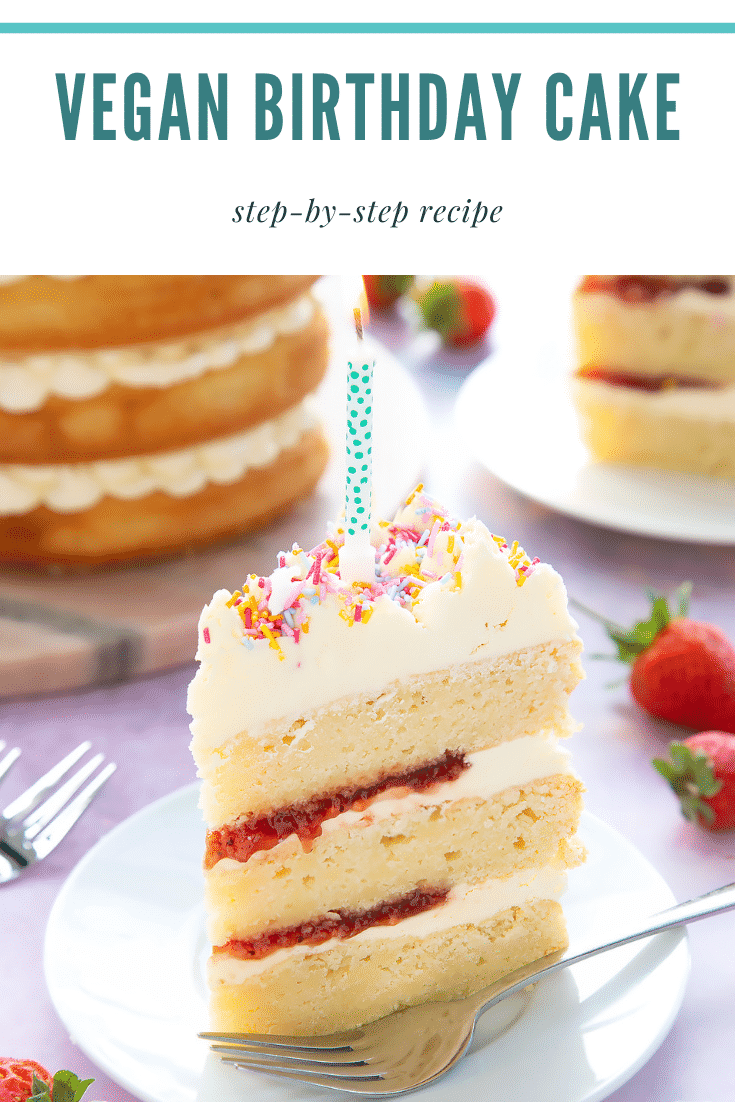 Slice of vegan birthday cake on a small white plate with a fork. Caption reads: Vegan birthday cake. Step-by-step recipe.