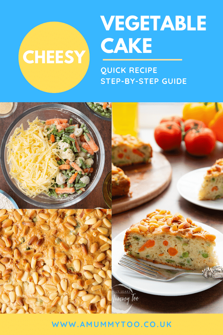 A collage of images of vegetable cake: the ingredients in a bowl, a close up of the top and a slice on a white plate. Caption reads: cheesy vegetable cake quick recipe step-by-step guide