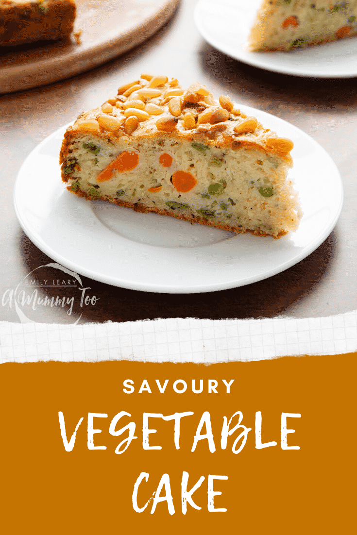 A slice of vegetable cake on a small white plate. Caption reads: savoury vegetable cake.