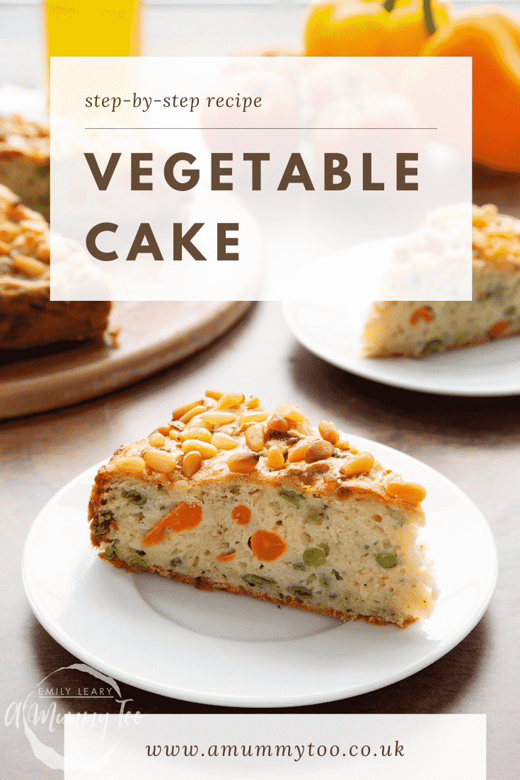 A slice of vegetable cake on a white plate. Caption reads: step-by-step recipe vegetable cake.