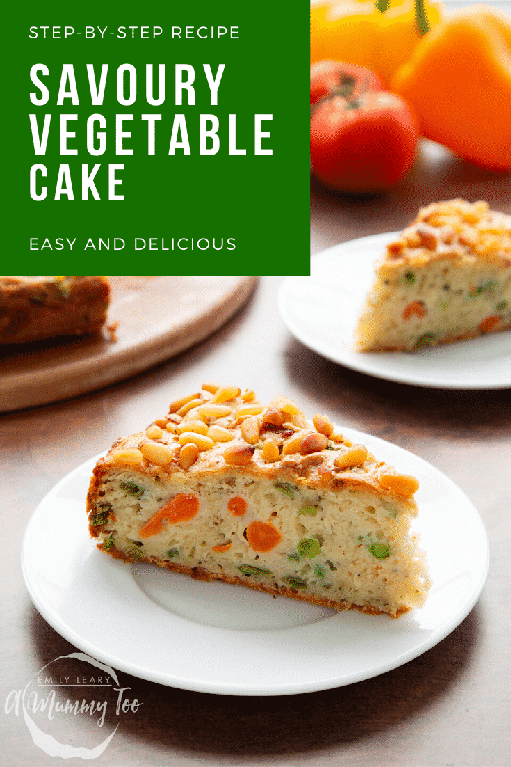 A slice of vegetable cake on a white plate. Caption reads: step-by-step recipe savoury vegetable cake easy and delicious