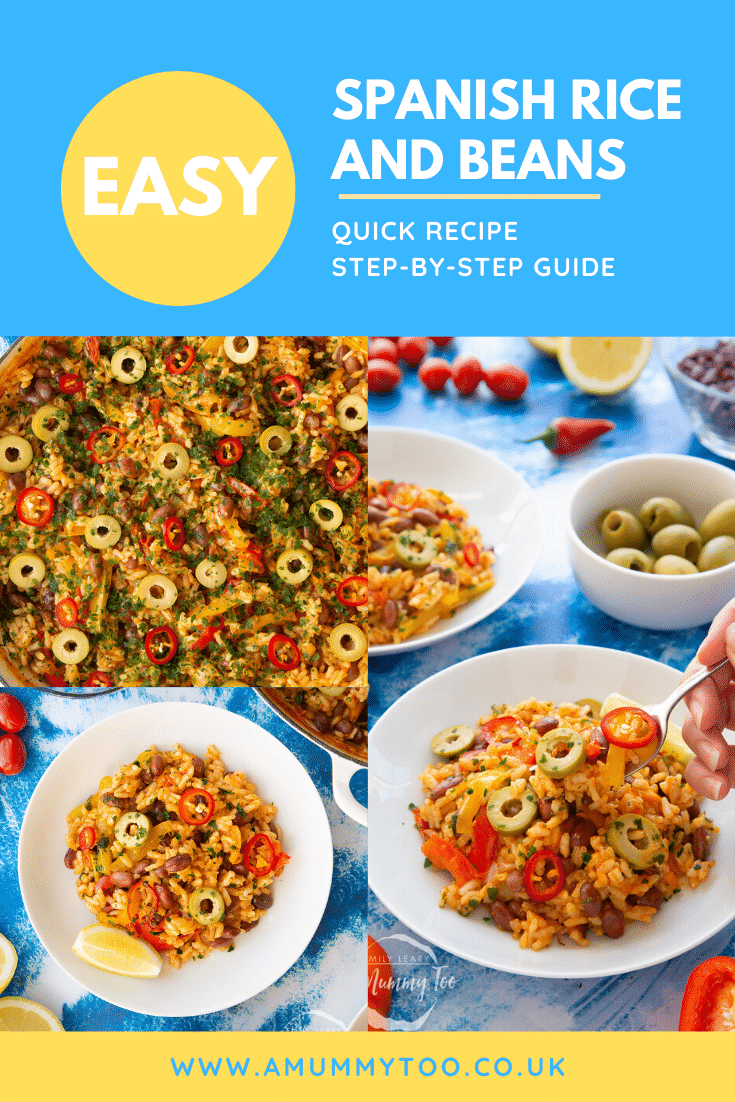 How do you say rice and beans in spanish 27 Collage of east Spanish rice and beans served in a pot or shallow white bowl. Caption reads: Easy Spanish rice and beans. easy and delicious. Quick recipe. Step-by-step guide.