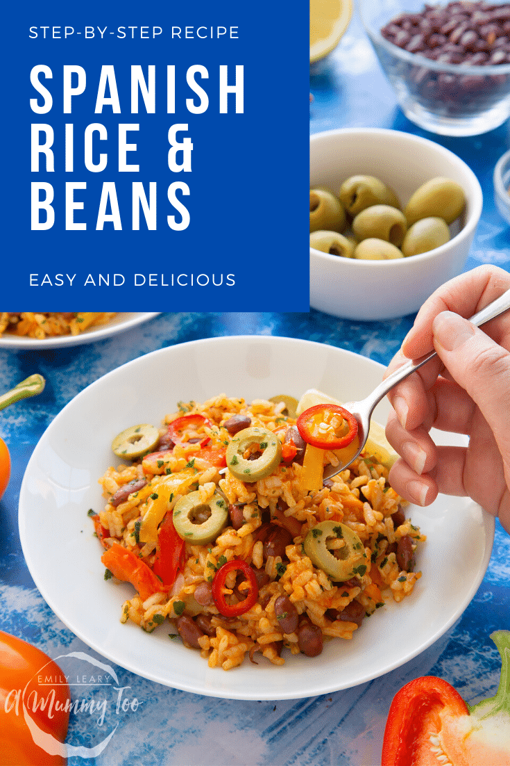 Easy Spanish rice and beans served in a shallow white bowl with a fork digging in. Caption reads: Step-by-step recipe. Spanish rice and beans. easy and delicious.