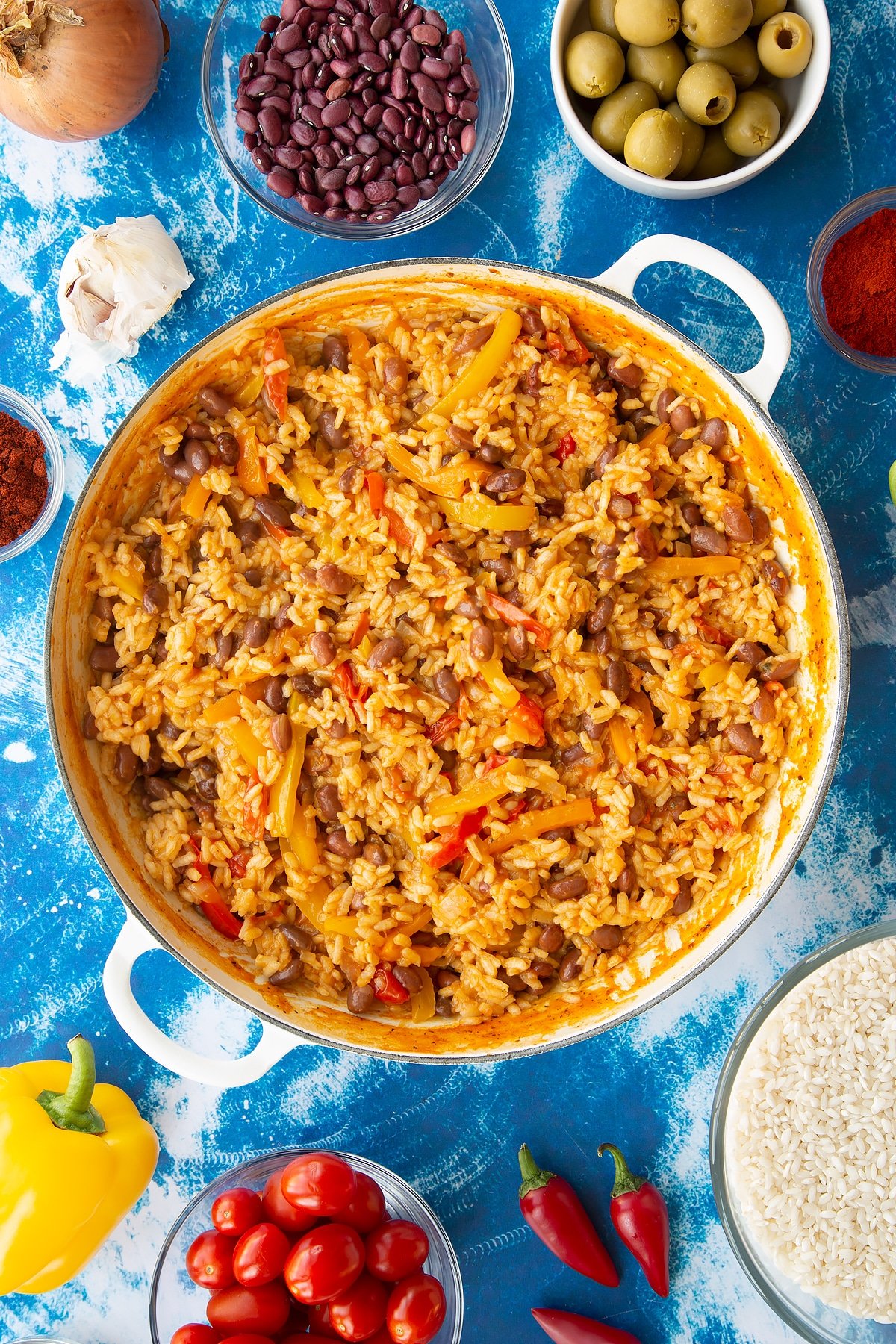 Easy Spanish rice and beans in a large shallow pot.