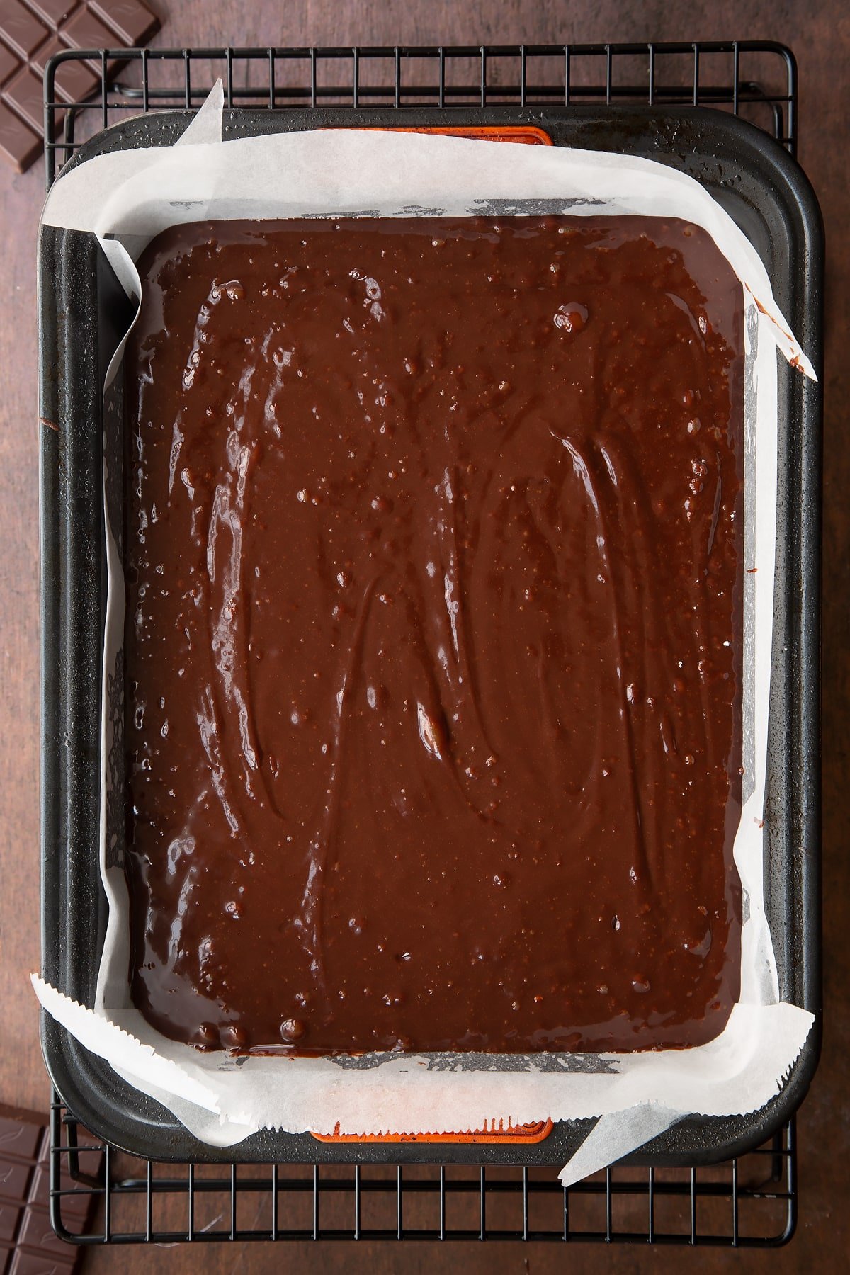 Baileys brownie batter in a lined tray.