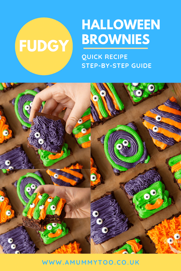 A collage of images of Halloween brownies arranged on a board lined with baking paper. Caption reads: fudgy Halloween brownies quick recipe step-by-step guide