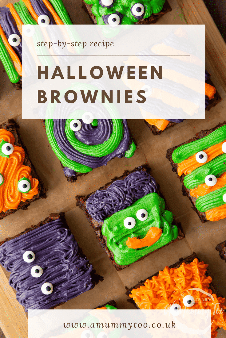 Halloween brownies arranged on a board lined with baking paper. Caption reads: step-by-step recipe Halloween brownies