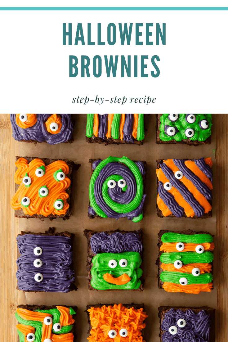 Halloween brownies arranged on a board lined with baking paper. Caption reads: Halloween brownies step-by-step recipe