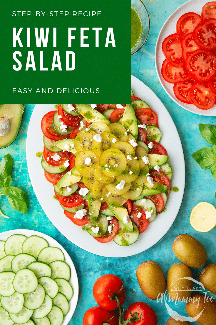 Kiwi feta salad on an oval white platter. Caption reads: Step-by-step recipe. Kiwi feta salad. Easy and delicious. 