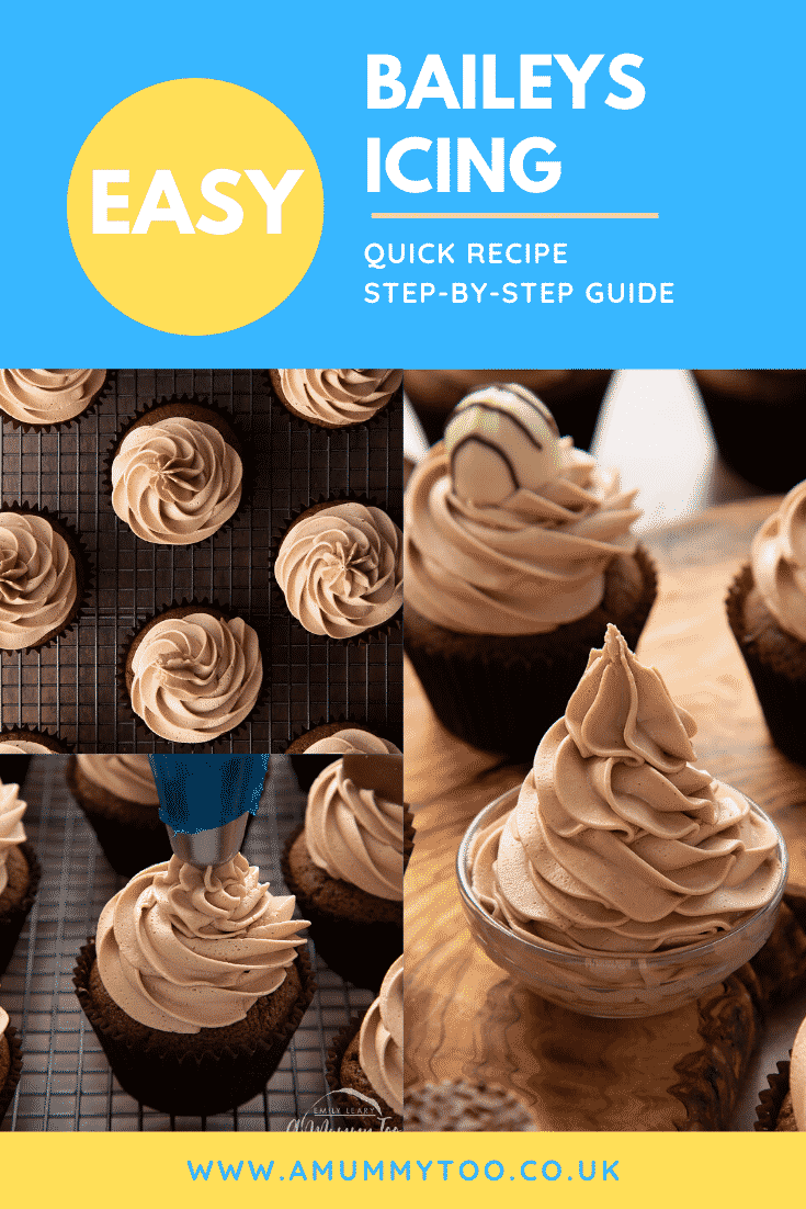 Collage of Baileys icing piped onto a chocolate cupcakes. Caption reads: Easy Baileys icing. Quick recipe. Step-by-step guide.