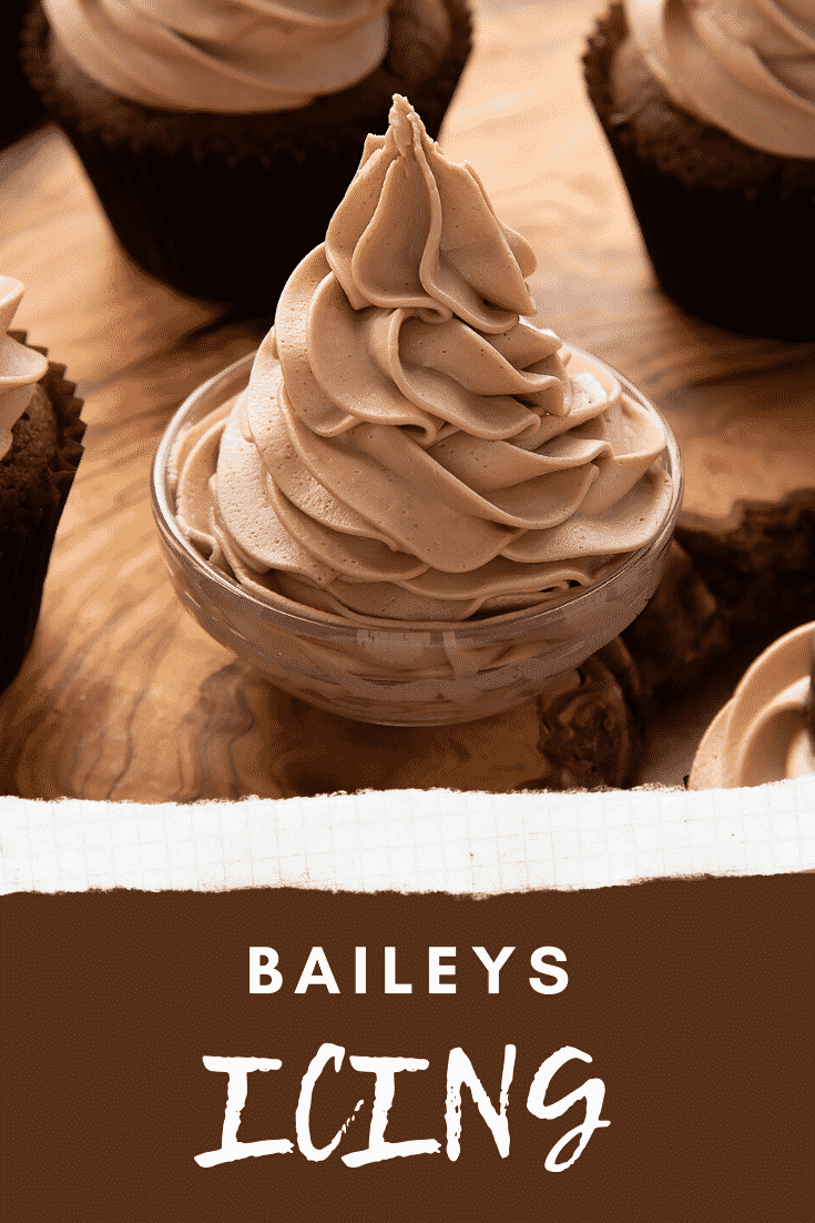 Baileys icing piped into a glass bowl. Caption reads: Baileys icing.