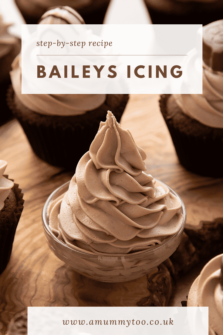 Baileys icing piped into a small glass bowl. Caption reads: Step-by-step recipe. Baileys icing.