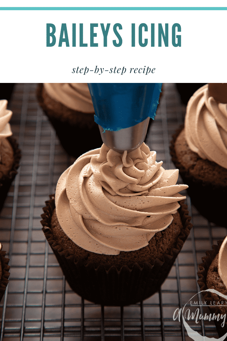 Baileys icing being piped onto a chocolate cupcake. Caption reads: Baileys icing. Step-by-step recipe. 