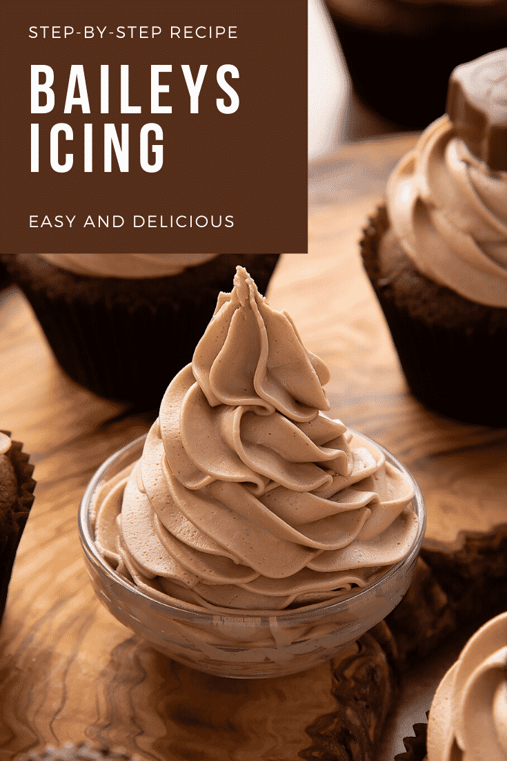 Baileys icing piped into a glass bowl. Caption reads: Step-by-step recipe. Baileys icing. Easy and delicious. 
