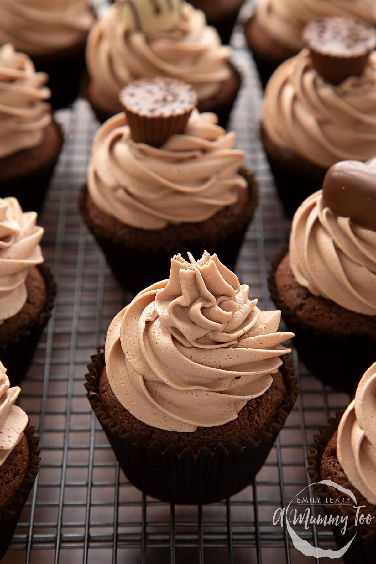 Baileys icing piped onto a chocolate cupcake. 