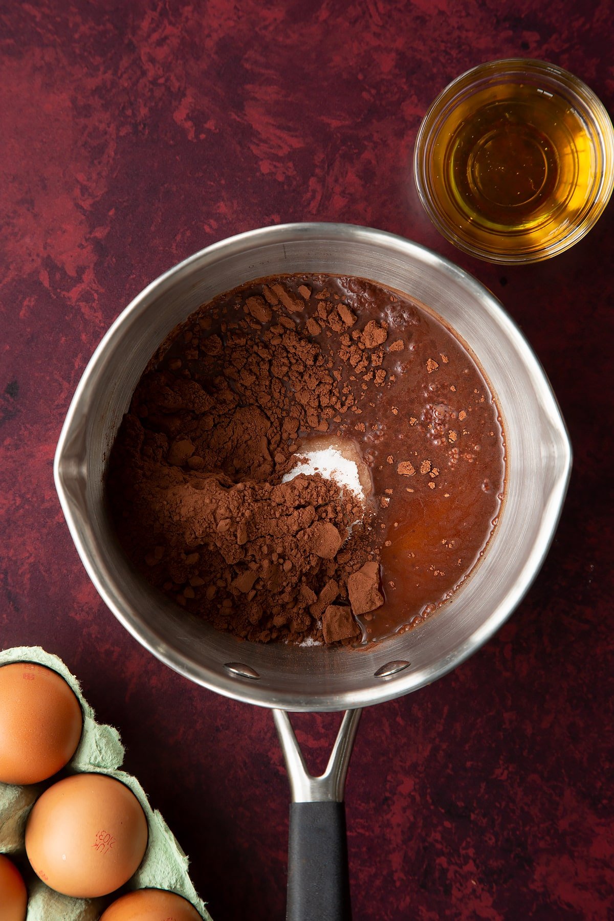 Sugar, cocoa powder, water and golden syrup in a small saucepan.