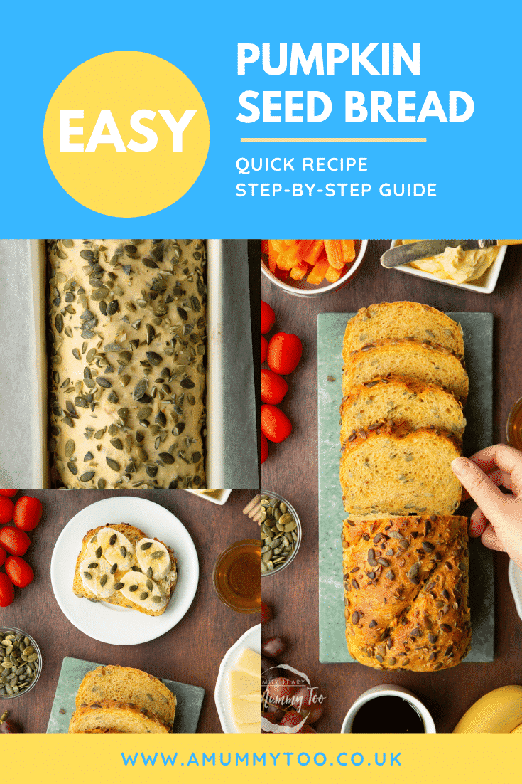 Collage of pumpkin seed bread, raw, sliced and served on a plate. Caption reads: Easy pumpkin seed bread. Quick recipe. Step-by-step guide.