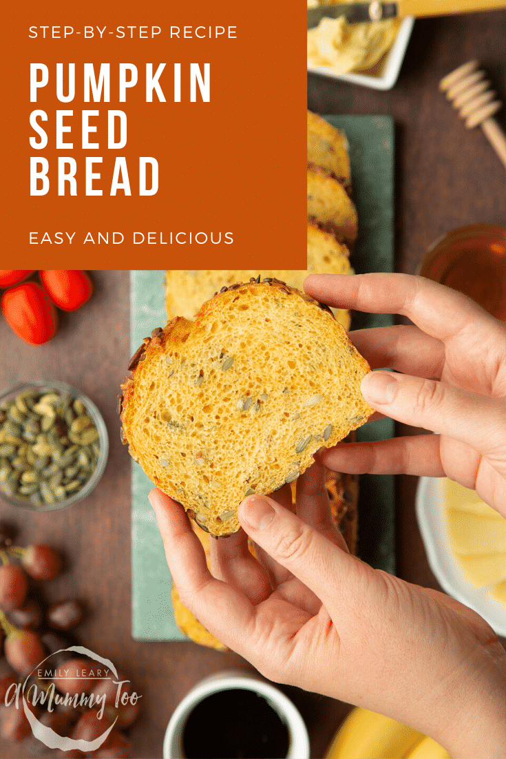 Hands holding a slice of pumpkin seed bread. Caption reads: Step-by-step recipe. Pumpkin seed bread. Easy and delicious.