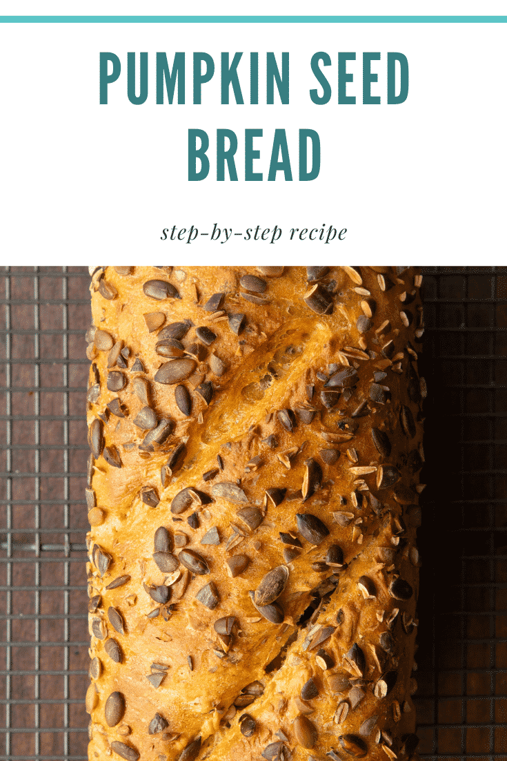 Baked pumpkin seed bread on a wire cooling rack. Caption reads: Pumpkin seed bread. Step-by-step recipe.