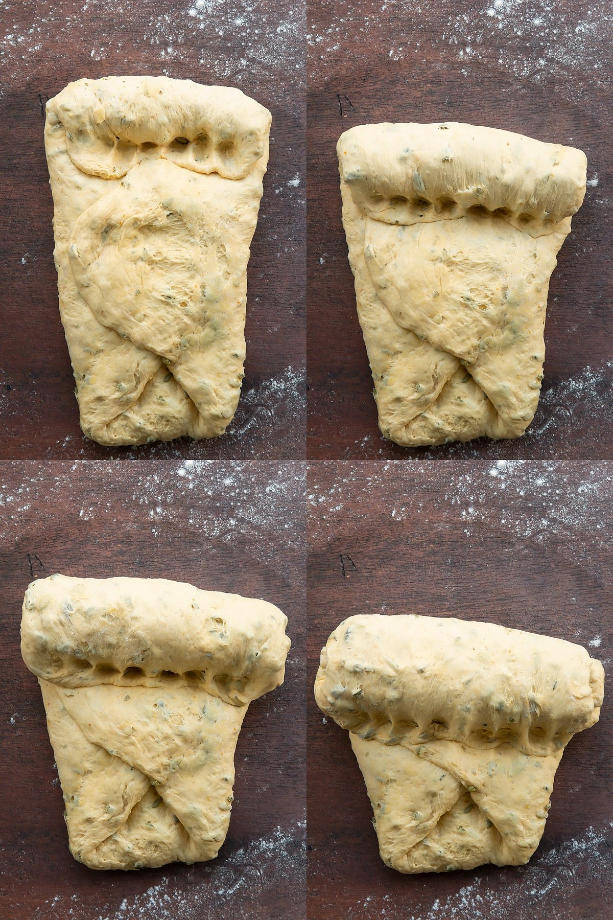 Collage of images showing pumpkin seed bread dough being shaped.