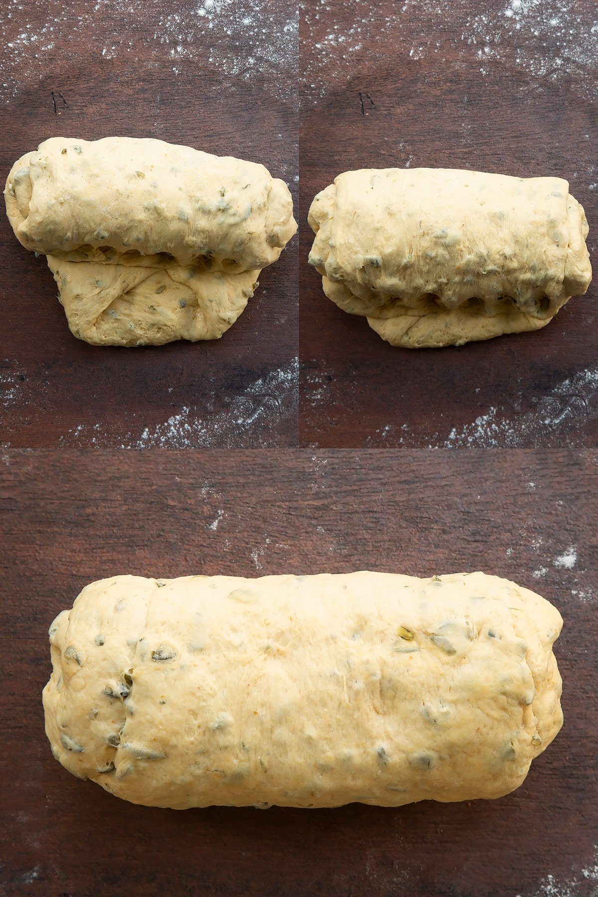 Collage of images showing pumpkin seed bread dough being shaped into a sausage on a floured surface.