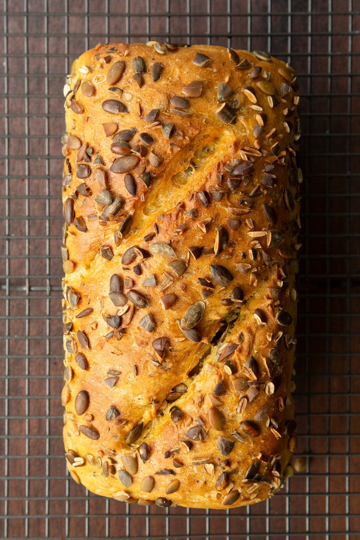 Freshly baked pumpkin seed specie on a wire cooling rack.