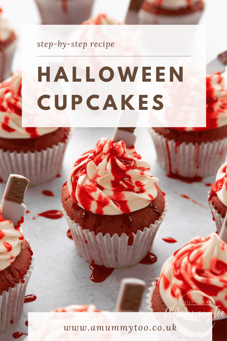 Red velvet Halloween cupcake, spattered with red syrup. Caption reads: Step-by-step recipe. Halloween cupcakes.