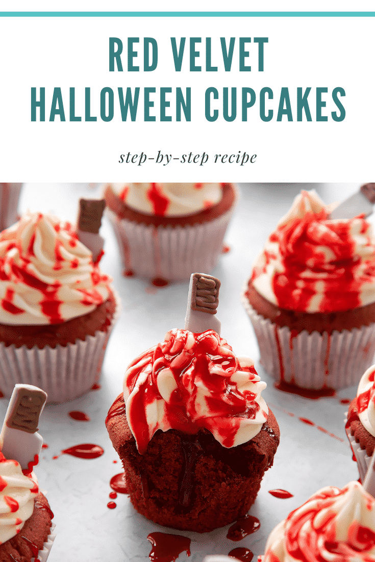 Red velvet Halloween cupcake, spattered with red syrup. It has a bite out of it. Caption reads: Red velvet Halloween cupcakes. Step-by-step recipe.