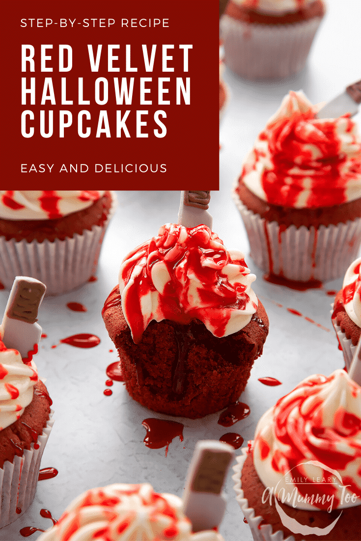Red velvet Halloween cupcake, spattered with red syrup. It has a bite out of it. Caption reads: Step-by-step recipe. Red velvet Halloween cupcakes. Easy and delicious.