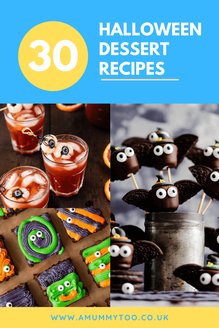 Collage of Halloween dessert images - a punch, brownies and marshmallow bats. Caption reads: 30 scary Halloween dessert recipes