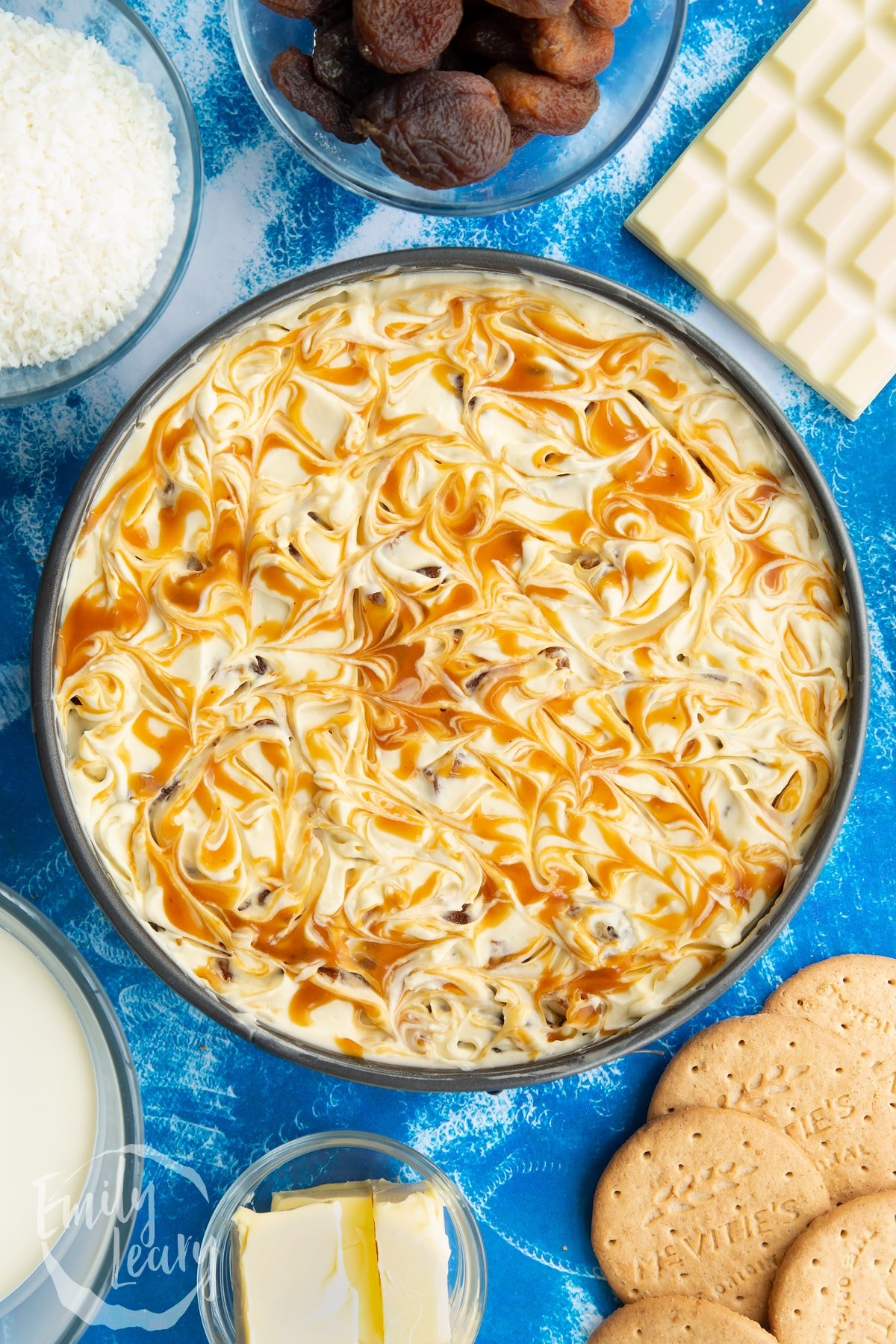Apricot cheesecake with apricot syrup swirled on top.
