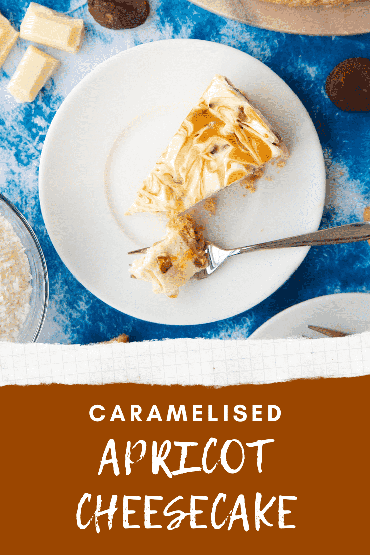 Slice of apricot cheesecake on a white plate. Caption reads: caramelised apricot cheesecake.
