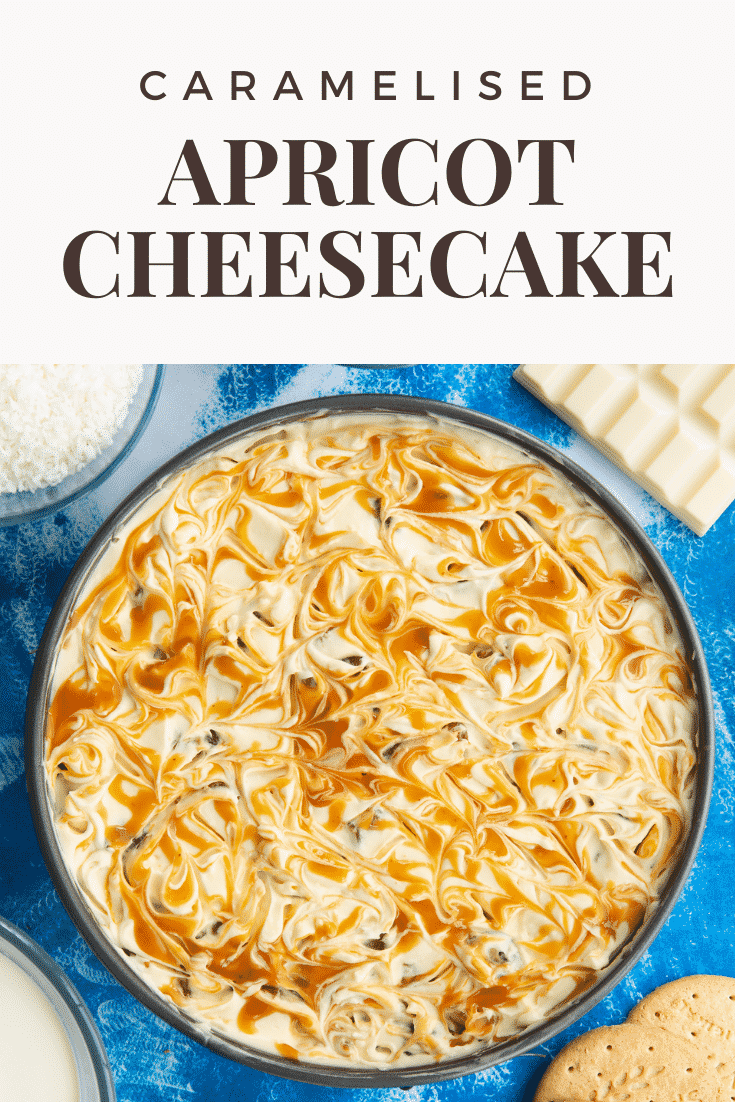 Apricot cheesecake in a tin. Caption reads: caramelised apricot cheesecake.