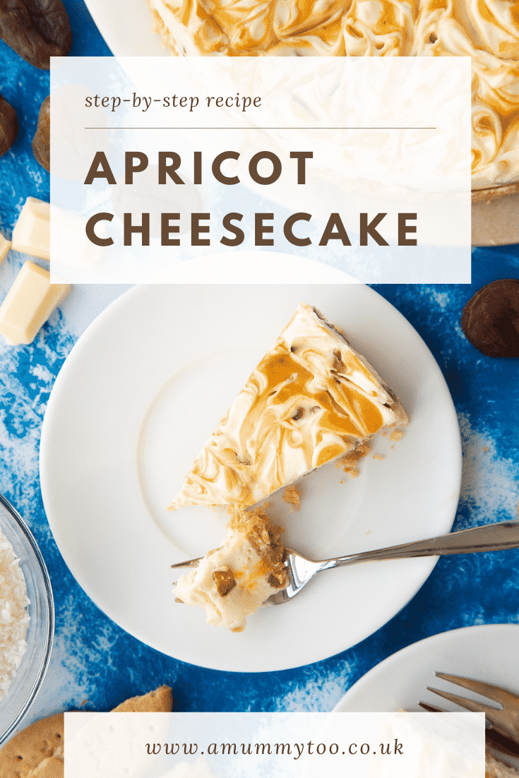 Slice of apricot cheesecake on a white plate. Caption reads: Step-by-step recipe apricot cheesecake.