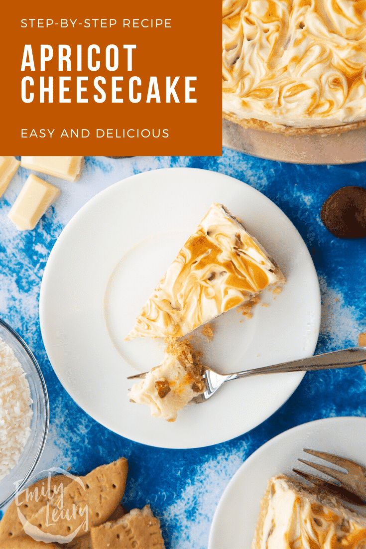 Slice of apricot cheesecake on a white plate. Caption reads: Step-by-step recipe apricot cheesecake. Easy and delicious.