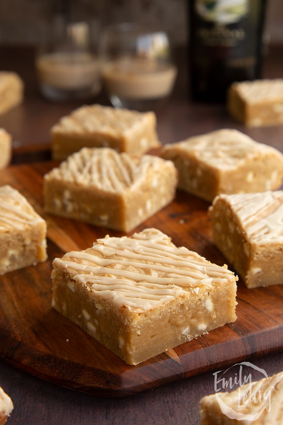 Baileys blondies on a wooden board.