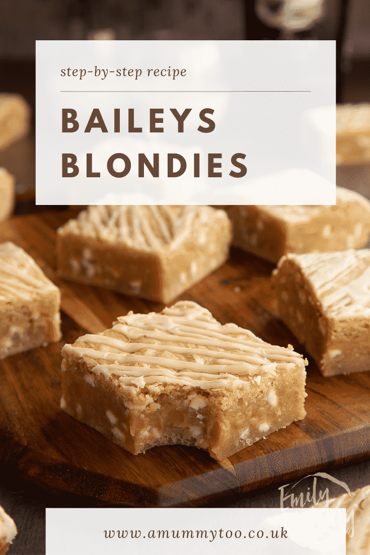 Baileys blondie with a bite out of it on a wooden board. Caption reads: Step-by-step recipe Baileys blondies.