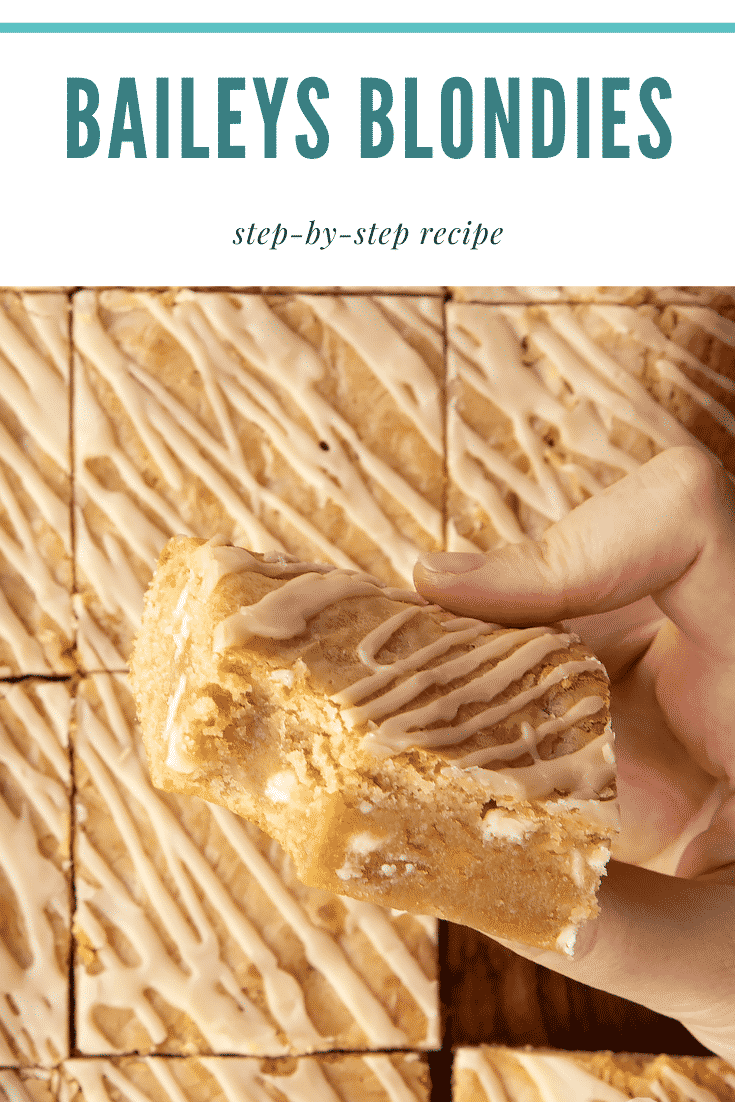 Hand holding a Baileys blondie with a bite out of it. Caption reads: Baileys blondies. Step-by-step recipe