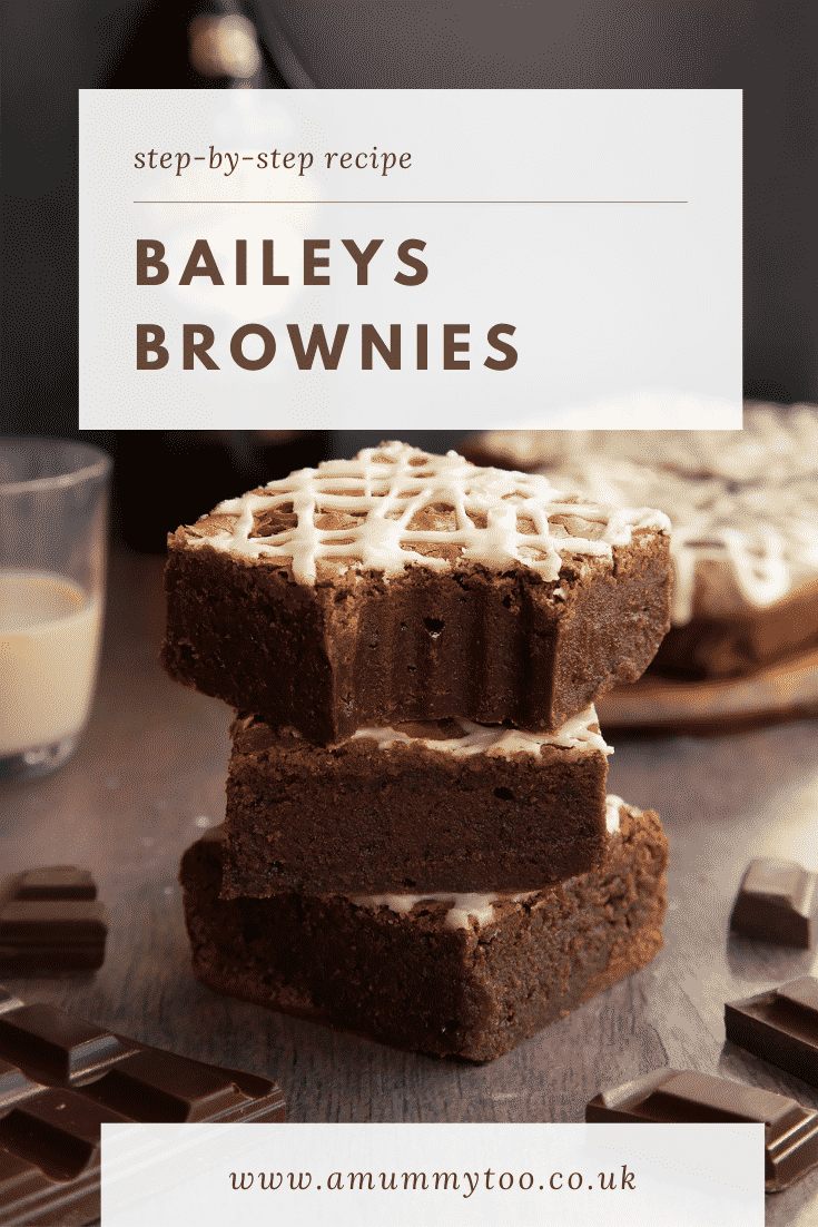 Stack of iced Baileys brownies, with more brownies and a bottle of Baileys in the background. One has a bite out of it. Caption reads: Step-by-step recipe. Baileys brownies.