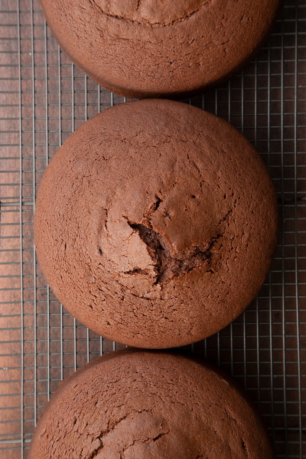 Freshly baked chocolate Baileys cake layers on a wire cooling rack.