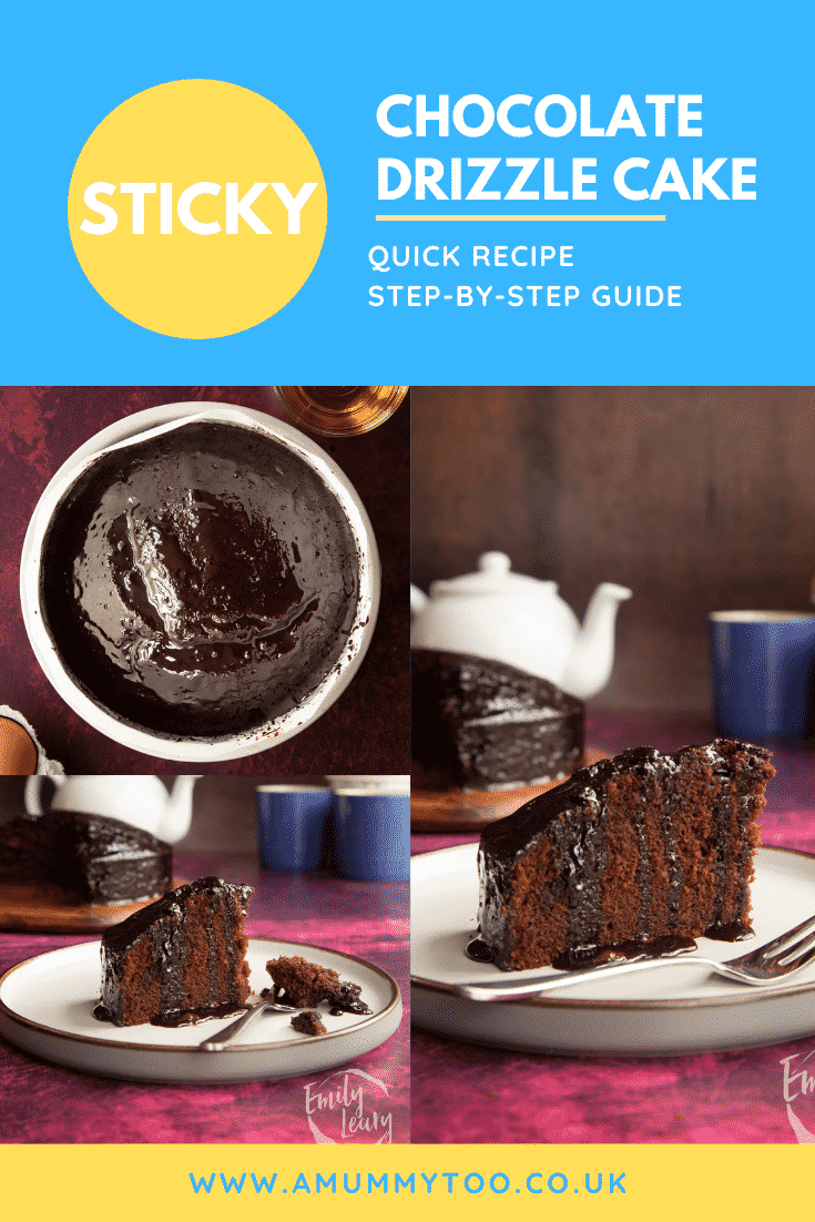 Collage of chocolate drizzle cake on a plate and board. Caption reads: Sticky chocolate drizzle cake. Quick recipe. Step-by-step guide.