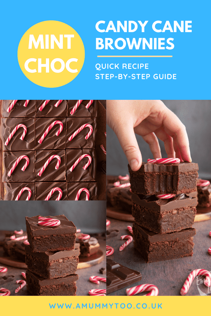 A collage of candy cane brownies. Caption reads: Mint choc candy cane brownies. Quick recipe. Step-by-step guide