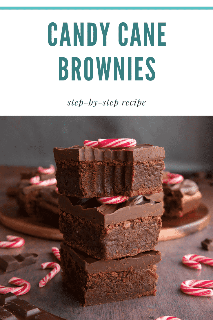 A stack of candy cane brownies. One has a bite out of it. Caption reads: Candy cane brownies. Step-by-step recipe.