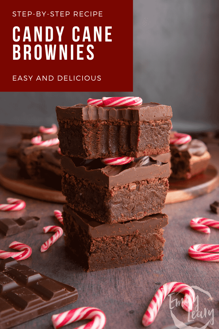 A stack of candy cane brownies. One has a bite out of it. Caption reads: Step-by-step recipe candy cane brownies. Easy and delicious.